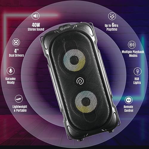 Image of pTron Fusion Party V2 40W Bluetooth Speaker w / 3m Wired Karaoke Mic, Immersive Sound, 6Hrs Playtime, RGB Light, TWS Mode, Party Speaker w /Bluetooth V5.0, Aux Port, USB & SD Card Playback (Coal Black)