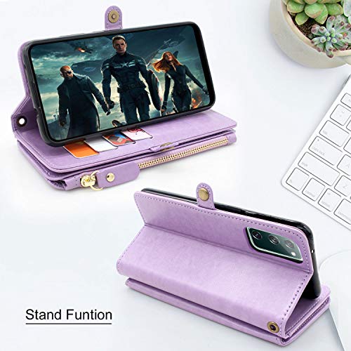 Lacass [Cards Theft Scan Protection 10 Card Slots Holder Zipper Pocket Wallet Case Flip Leather Cover With Wrist Strap Magnetic Closure Stand For Samsung Galaxy S20 Fe 5G (Not For S20)(Purple) #TOP4