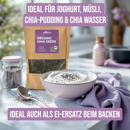 RheinNatur Bio Chia Samen 1 kg - 100% Bio Chiasamen - Reich an Proteinen, Ballaststoffen & Omega-3-Fettsäuren - Ideal für Salate, Joghurt, Müsli & Chia-Wasser - 1000 g Beutel