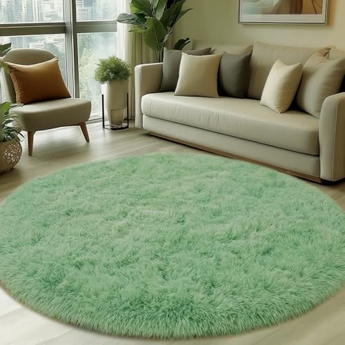 Green Fluffy Rugs for Living Room 4x4 ft - Round Ultra Soft Faux Fur Area Rug - Plush Non-Slip Shaggy Carpet for Bedroom, Kids Boys Girls Dorm Nursery Room