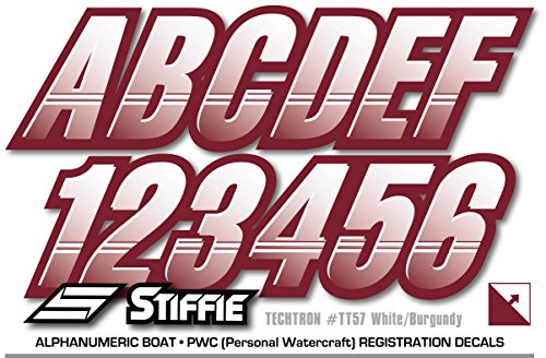 Image of STIFFIE Techtron White /Burgundy 3 inch Boat & PWC Registration Decals • Numbers Letters Stickers