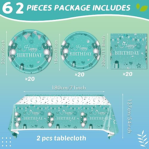 62PCS Teal and Silver Birthday Party Decorations, Teal Silver Tableware Set -Teal Paper Plates Napkins Tablecloth, Happy Birthday Party Decorations Dinnerware for Girls Women Birthday Supplies