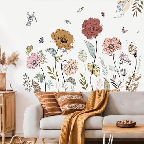 DERUN TRADING Boho Flower Wall Stickers Wildflower Floral Grass Peel and Stick Decals Wall Art for Living Room Bedroom Boho Wall Decor