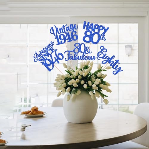 Image of 15 PCS 80th Birthday Centerpiece Sticks Eighty Happy 80 Vintage 1946 Table Flower Centerpieces Sticks Cheers to 80 Fabulous Floral Decorations for 80th Birthday Party Supplies Blue