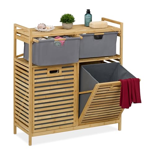 Relaxdays Estantería Baño con 2 Cestos Ropa Sucia, Basculante, 40 L, Balda y 2 Cajones, Bambú, 95x88x33 cm, Natural/Gris