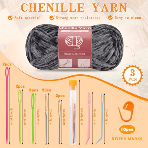 Image of LUNARM Chenille Yarn 3 Pack 3.5oz Chunky Blanket Velvet Yarn 263 Yard | Dark Chunky Chenille Yarn for Beginners Crocheting Hand Knitting Scarves with Big Eye Needles Machine Washable