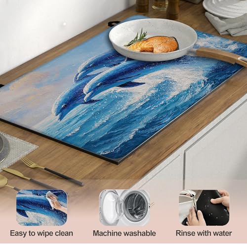 Image of Blue Jumping Dolphins Stove Top Cover for Electric Stove, Heat Resistant Glass Cooktop Cover, Stovetop Protector, Dish Drying Mats Cover for Ceramic Washer Top 28x20 inch