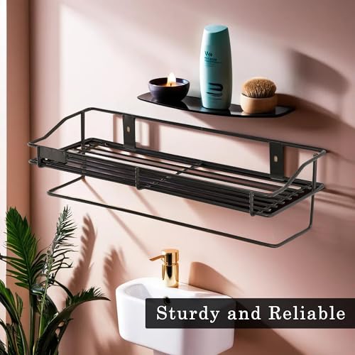 Image of Kuber Industries Pack of 2 Metal Bathroom Shelf for Wall - Washroom Organizer Shampoo Holder Stand & 14 Inch Kitchen Storage Rack - Black