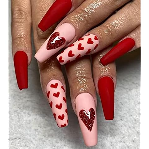 Morily Press on Nails Long Valentine's Day Red Fake Nails Coffin Matte False Nails with Heart Design Acrylic Stick on Nails for Women Pink Ballerina Nails Artificial Full Cover Nail Tips 24Pcs Cover