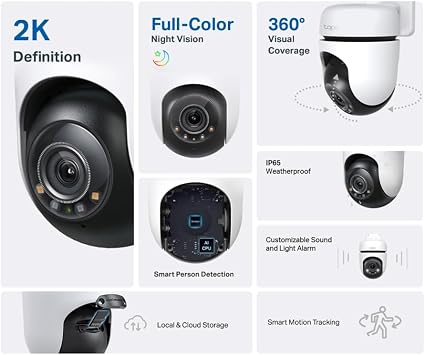 TP-Link Tapo TC41 2K Dış Mekan Pan/Tilt Güvenlik Wi-Fi Kamera, IP65 Hava Koşullarına Dayanıklı, Hareket Algılama, 360° Görsel Kapsama Alanı, Tam Renkli Gece Görüşü, Yerel Depolama, Alexa ve GoogleHome