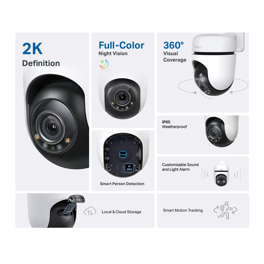 TP-Link Tapo 2K zewnętrzna kamera Wi-Fi, ochrona IP65, wykrywanie ruchu, pokrycie wizualne 360°, noktowizor, lokalne przechowywanie, współpracuje z Alexa i Google Home (Tapo TC41)