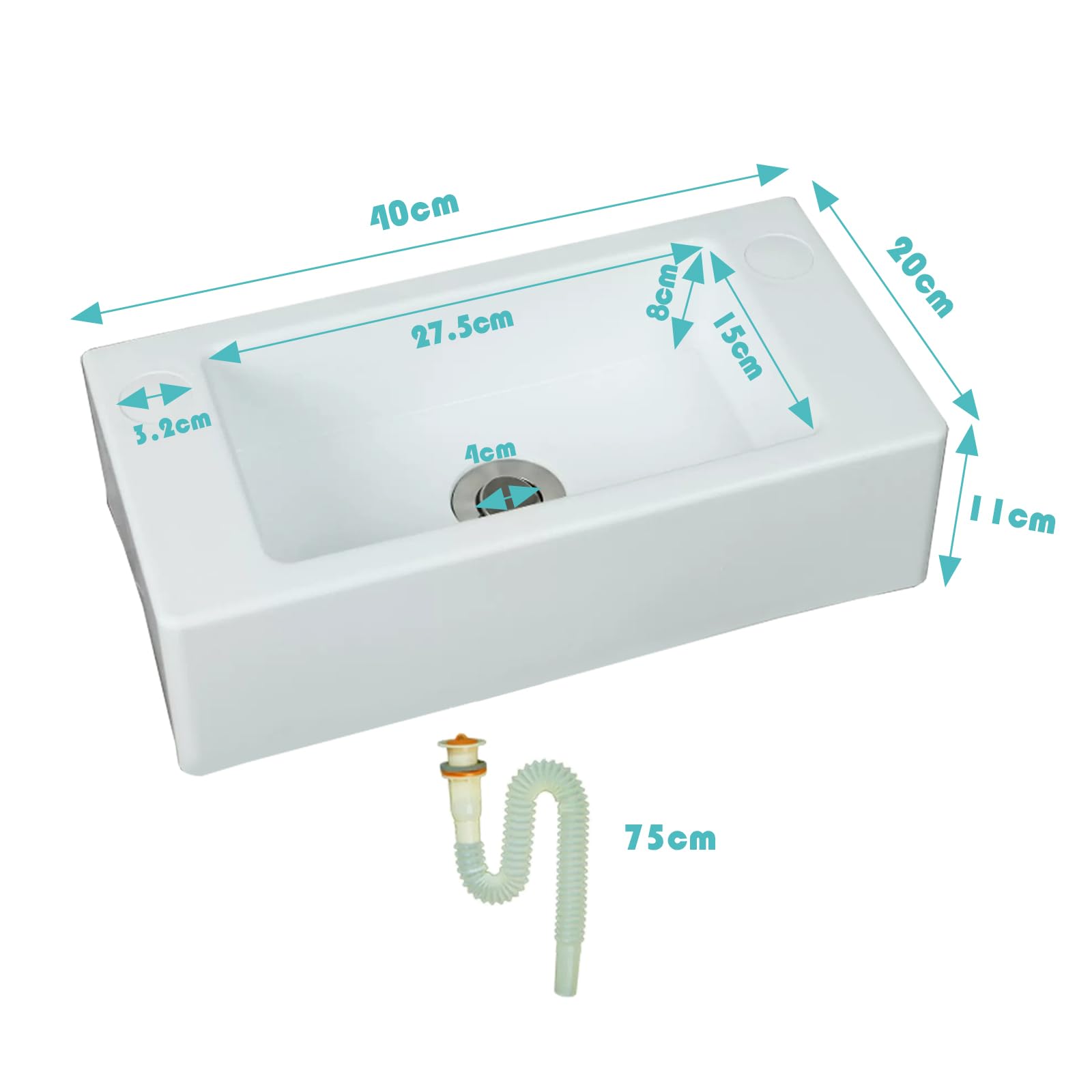 Fregadero rectangular simple, pequeño lavabo blanco, lavabo de plástico montado en la pared, blanco, apto para uso en interiores y exteriores [tubo de drenaje de cabeza de plástico de 75 cm]