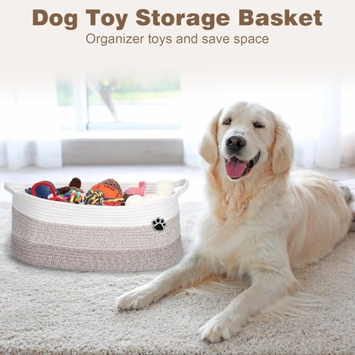 Image of Optish Dog Toy Basket, 30L Toy Box and Bin for Dog Cat Storage, 19.7 inch X 11 inch X 7.9 inch Large Woven Rope Basket for Blanket Storage, Living Room, Bedroom, White & Brown