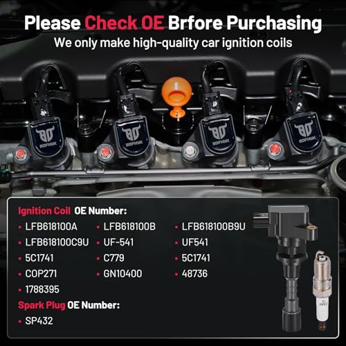 Image of BDFHYK 4 Ignition Coil Pack UF541 and 4 Iridium Spark Plug SP432 Compatible with Mazda 2006-2007 5 2.3L l4 Coil for 5C1741 C779 5C1741 COP271 GN10400 48736 1788395