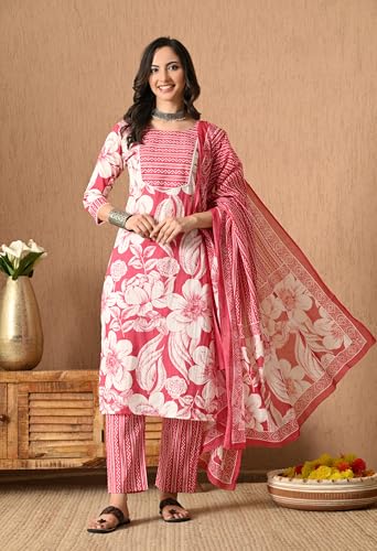 Image of Amazon Brand - Tavasya Women Cotton Anarkali Kurta Pant Dupatta Set | Printed Ethnic Suit Set | Flared Anarkali Kurta with Pant & Dupatta | Festive & Casual Wear