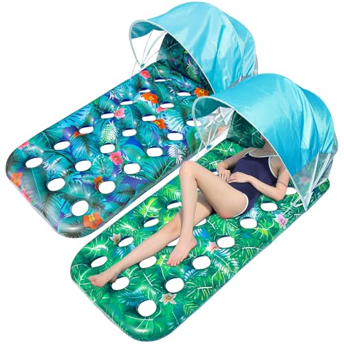 FindUWill Pool Floats with Canopy Adults - 2 Pack Large Pool Lounger Float with Headrest, Shade, Inflatable Pool Float Raft for Sunbathing Water Lounge Floaties Pool Parties