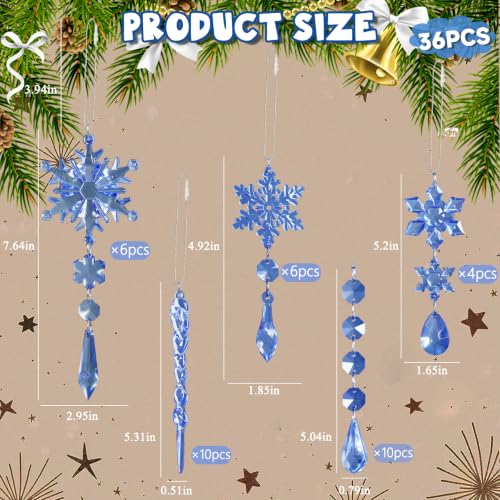 Image of 36pcs Crystal Christmas Ornaments for Tree Decorations, Royal Blue Hanging Acrylic Snowflake Icicle Star Ornaments with Drop Pendants for Winter Wonderland Chandelier Crystals Decorations Supplies