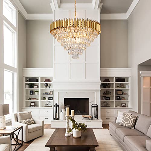 Image of Gold Crystal Chandelier, Modern 30 inch Round Chandeliers for Dining Room