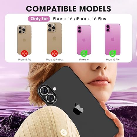 Image of for iPhone 16 /16 Plus Camera Lens Protector Bling Individual Metal Diamond Ring 9H Hardness Scratchproof Protector, Stylish Phone Accessories, Case Friendly (Black Diamond)