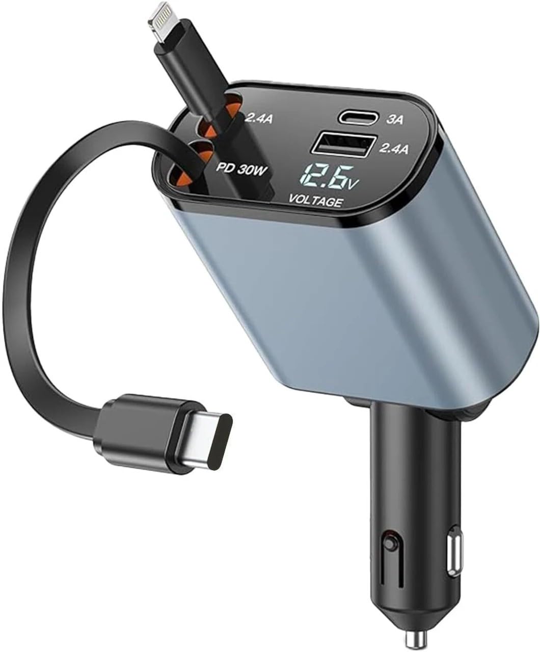 4-in-1 Car Charger with Cables Compatible with iPhone and Type-C | Charges 4 Devices, LED Voltage Display, USB and Type-C Ports, 80 cm Built-in Cables, Retractable Design-picture-21
