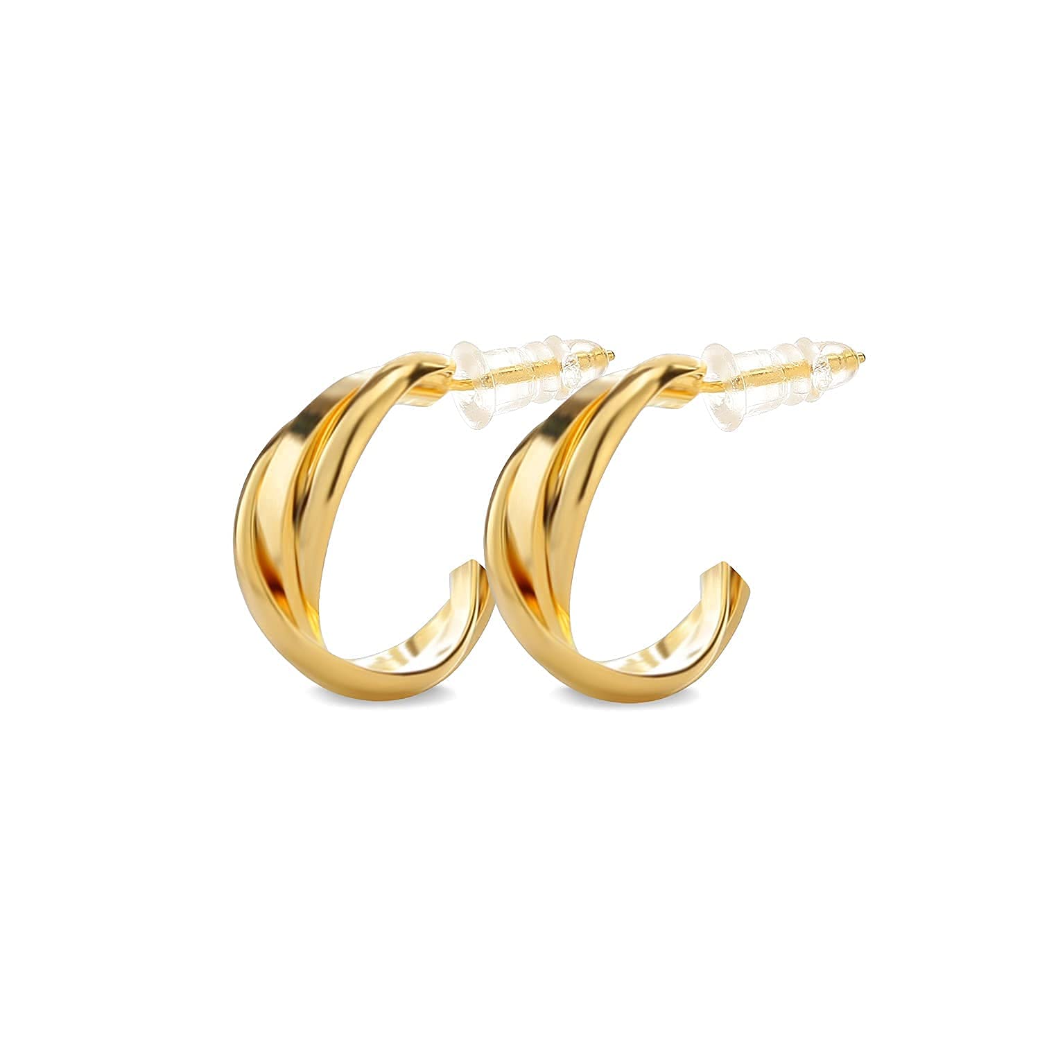 Jeensley Gold Hoops Earrings for Women Girl's Fashion Copper 14k Gold Plated Lightweight Trendy Twisted Shaped Open Hoops with Safety Silver Pin Full Luster