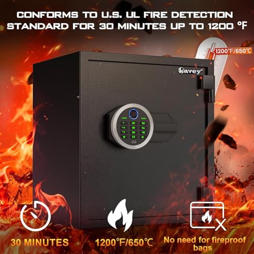 Kavey Biometric Fireproof & Waterproof Safe Box with Backlit Keypad, Dual Alarm System, Mute Function, Fingerprint Money Safe for Home Valuables