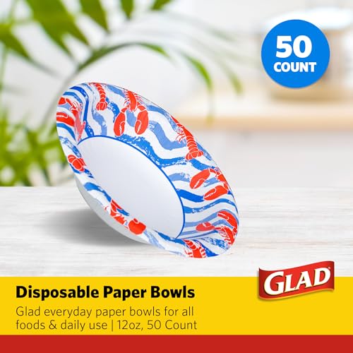 Glad Round Disposable Paper Bowls, Lobster Waves Design - Heavy Duty, Soak Proof, Cut-Resistant, Microwavable Bowl for All Foods & Daily Use, 12 Oz, 50 Count