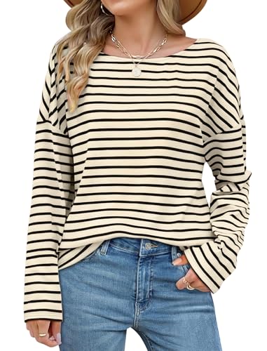 OFEEFAN Womens Long Sleeve Tops 2024 Striped Shirt Women Drop Shoulder Boat Neck Tops Loose Fit Casual Shirts