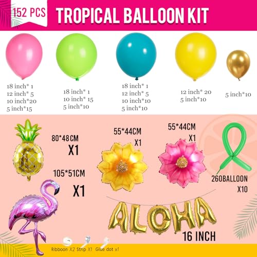 Image of Summer aloha garland arch kit 150pcs Magenta Pink teal green yellow balloon with tropical flowers flamingo diy Giant Pineapple aloha letter balloon for hawaii aloha luau theme party decorations