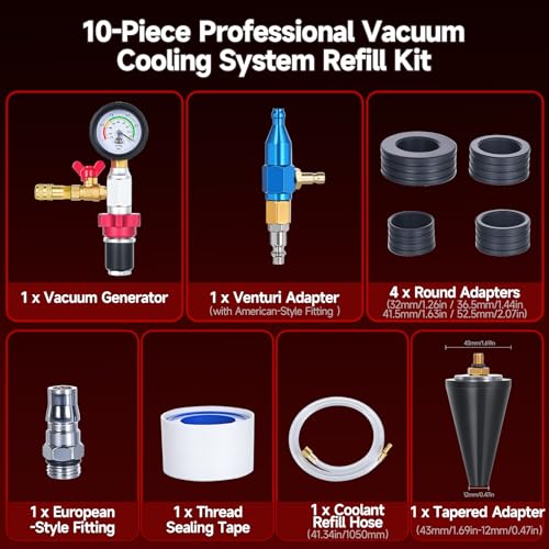 Image of BILITOOLS 10-Piece Coolant Vacuum Refill Kit, Quick Airlift, Universal | Copper-Cased inHg /PSI Gauge. Metal Valves, Brass Fittings, Airtight Seal. Adapters 0.3-2.2in. Clear Hose, Auto-Fill Design