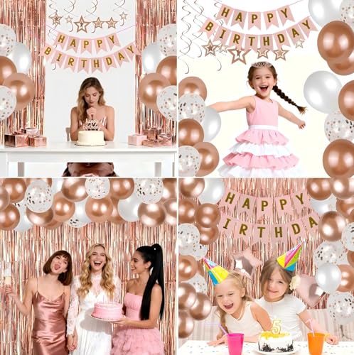 Image of Ecolley Birthday Party Decorations, Happy Birthday Banner, Rose Gold Fringe Curtain, Heart Star Foil Confetti Balloons, Sash Crown for Women Girls Birthdays Princess Party