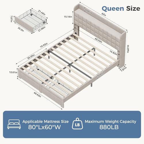 Image of Queen Size Storage Bed Frame, Square Tufted Headboard, Platform Bed with 2 Underbed Drawers at Foot, Wooden Slats Support, No Box Spring Needed, Light Gray