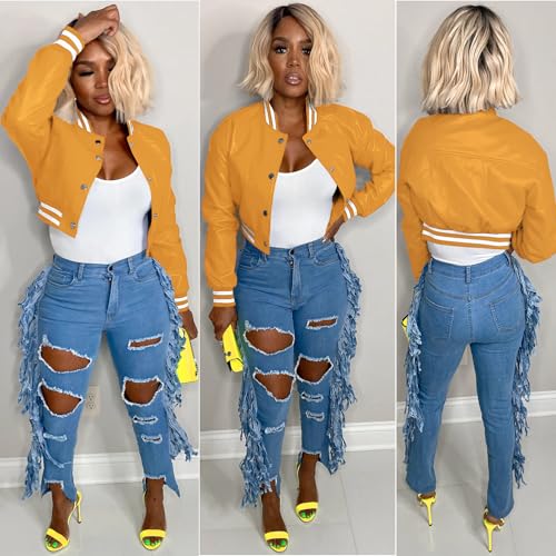 Xaspee Varsity Bomber Jacket Women Causal Baseball Crop Top Letterman Faux Leather Snap Button Sports Outwear Jackets4