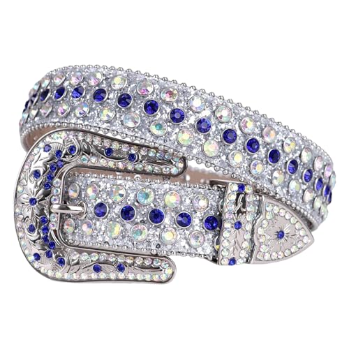 Mnjyihy Men Women Carved Flower Buckle Rhinestone Belt Western Cowgirl Studded Design Leather Belt