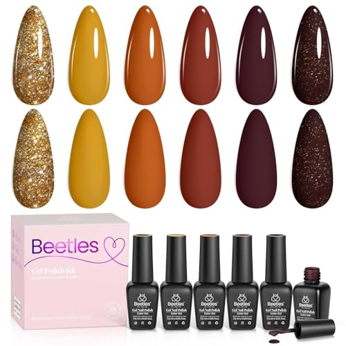 Beetles Gel Nail Polish Set, 6 Colors Burgundy Red Brown Yellow Orange Glitter Gel Nail Polish Soak Off UV Nail Art Design Manicure Gifts for Women