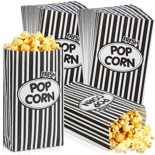 Image of Potchen 200 Pcs Paper Popcorn Bags Bulk 2 oz Large Individual Serving Popcorn Bag Flat Bottom Disposable Container Vintage for Movie Night Themed Summer Back to School Party Carnival (Black)