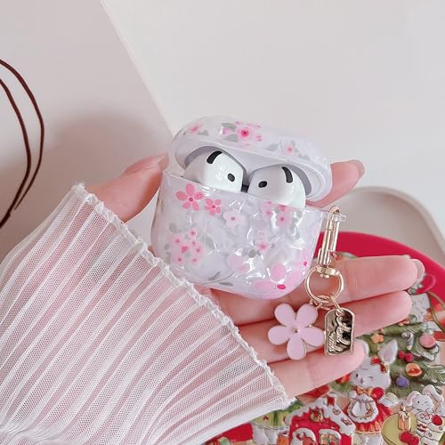 Image of MINSCOSE for Cute Glitter AirPods 4 Clear Case,Shell Pattern Flower Aesthetics Design with Girly Floral Keychain,Soft TPU Protective Cover with Cleaner Kit for AirPods 4-Pink