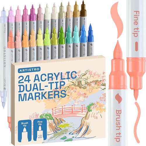 Artistro 24 Pastel Acrylic Paint Markers - Paint Pens For Drawing, Brush + Fine Tips - For Fabric, Rock, Glass, Wood, Diy - Art &Amp; Craft Supplies For Adults, Teens, Kids - Teacher Appreciation Gift
