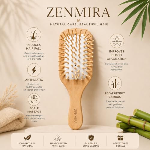 Image of ZENMIRA Small Bamboo Paddle Hair Brush with Natural Boar & Nylon Bristles - Eco-Friendly Wooden Detangling Hairbrush for Women & Men - Anti-Static Scalp Massage Brush for All Hair Types