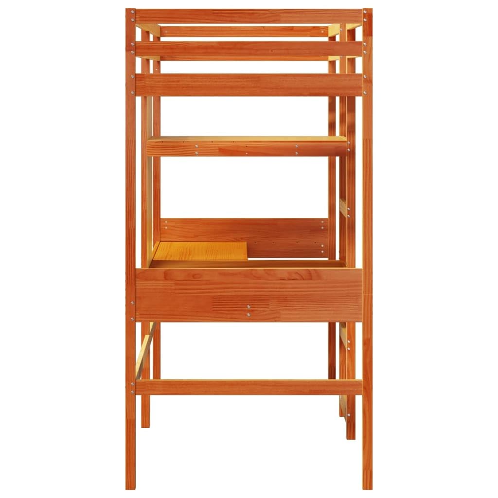 Cama Alta de Madera Maciza de Pino marrón Cera 80x200 cm con Estructura Resistente, Base de Listones, barandillas, Escalera incorporada, Almacenamiento Debajo