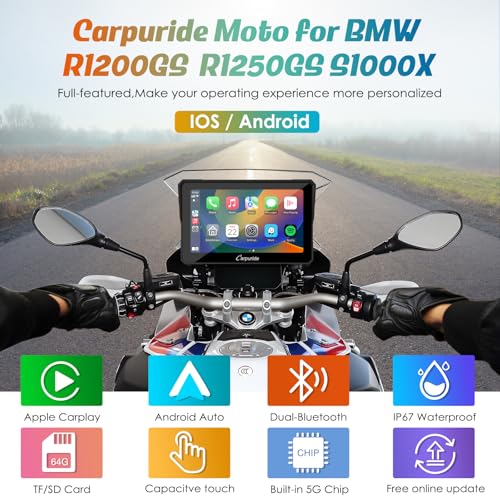 Image of Carpuride W702B Motorcycle Carplay Screen for BMW R1200GS R1250GS S1000XR Motorcycle, 7 inch Waterproof Touchscreen, Portable Carplay /Android Auto GPS Navigation for Motorbike, Dual Bluetooth