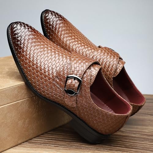 Santimon Men's Woven Leather Monk Strap Dress Shoes Breathable Slip-On Business Buckle Loafers2
