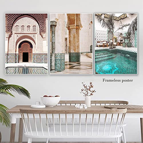 Moroccan Door Art Prints Aqua And Blue Wall Art Architecture Canvas Wall Art Moroccan Door Poster Construction Art Prints Moroccan Canvas Wall Art Moroccan Arch Wall Decor 20X28Inchx3Pcs No Frame #TOP3