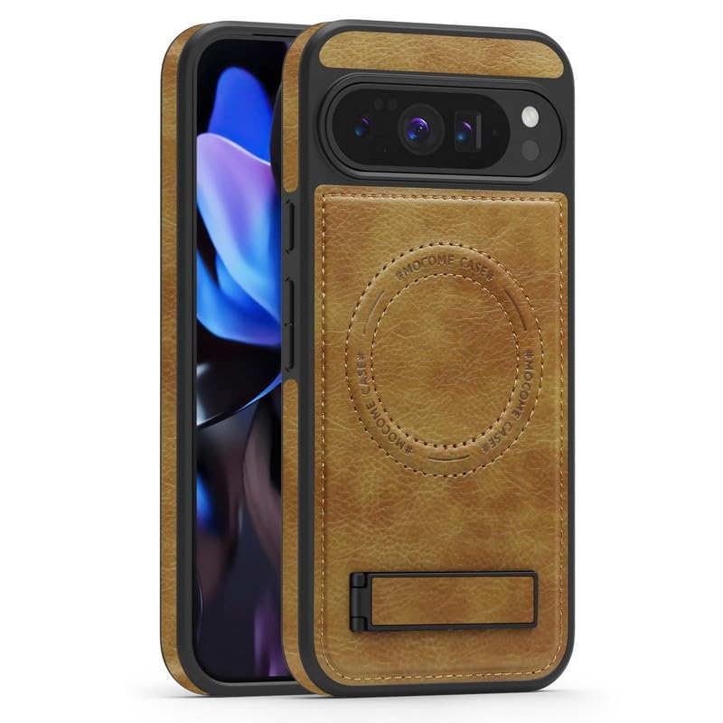 Étui en cuir marron pour Google Pixel 9 Pro XL, housse chic à rabat magnétique