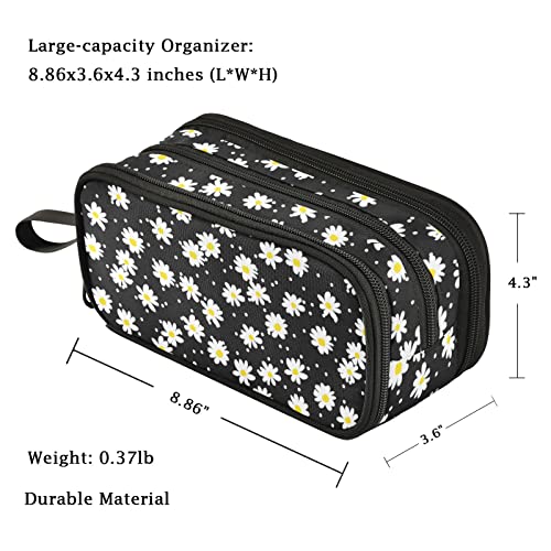 Image of Fustylead Little Daisy Pencil Pen Case 3 Compartments, Lightweight & Spacious Pencil Pouch Zipper Stationery Bag for Teen Boys Girls School Students