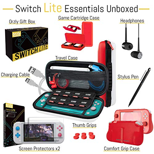 Image of Orzly Accessories Bundle Compatible for use with Nintendo Switch Lite - Protective Case & Screen Protector, USB Cable, Games Holder, Comfort Grip Case, Headphones, Thumb-Grip Pack & More - Red & White