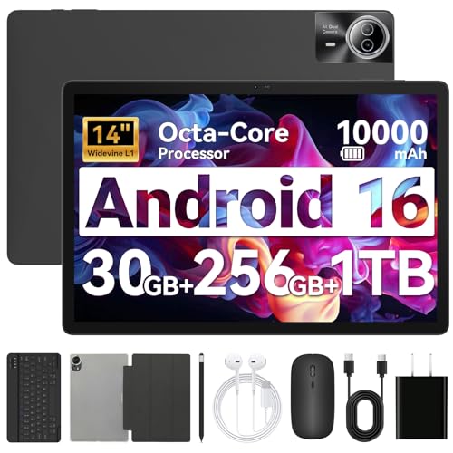 URAO Tablet｜14 inch Android 16 Tablet｜30GB RAM 256GB ROM｜1920 * 1200 IPS FHD｜10000mAh 30W Fast Charging｜Octa-core Processor｜Wi-Fi 6, BT 5.4｜Dual Camera with Keyboard｜Mouse｜Stylus｜Case｜Headphone