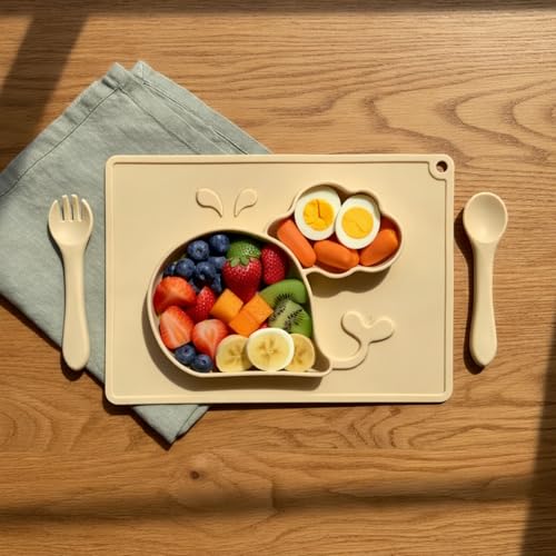 Image of Silicone Baby Meal Plate Set with Spoon & Fork | Whale Shaped | Banana Yellow | 2 Section Divided Plate for Toddlers | Food Grade Kids Feeding Set | Microwave Dishwasher Safe