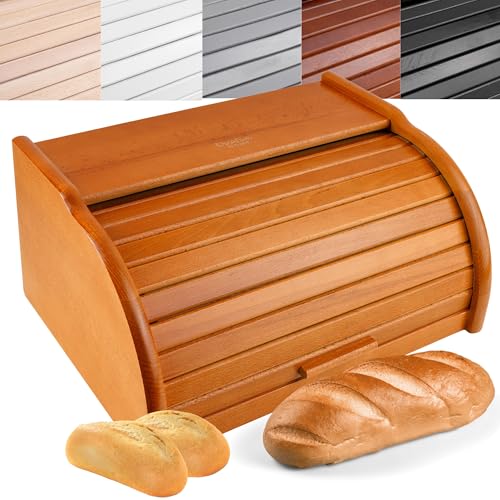 Creative Home Grande Panera Madera Contenedor para Pan | 38 x 28,5 x 17,5 cm (+/- 1cm) | Haya Natural | Laca Color Aliso | Recipiente con Tapa Enrollable para Guardar Bollos Alimentos Secos