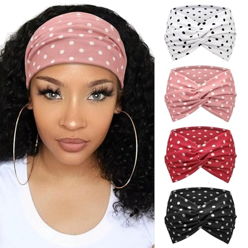 Image of DRESHOW 4 Pack Turban Headbands for Women Wide Vintage Head Wraps Knotted Cute Hair Band Accessories